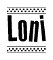 The clipart image displays the text Loni in a bold, stylized font. It is enclosed in a rectangular border with a checkerboard pattern running below and above the text, similar to a finish line in racing. 