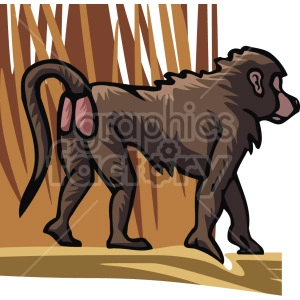 The clipart image shows a baboon, which are a type of monkey. It is walking away to the right of the image, on all fours. It has brown fur and distinctive long snout