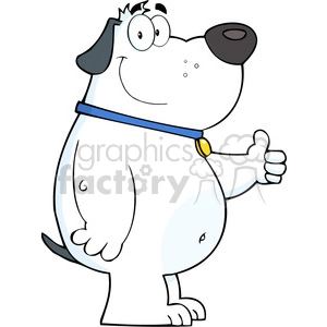 The image shows a cartoon dog standing upright with its thumb extended out as if it is hitchhiking. The dog has a large black nose, a collar with what appears to be a tag, and a friendly and expectant expression on its face. It is a lighthearted and whimsical portrayal of a dog engaged in a very human activity, which adds to the comic effect of the clipart.