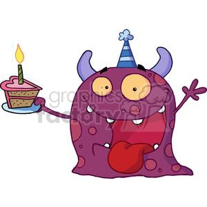 Happy Purple Two Horned Monster Celebrates Birthday With Pink Heart Shaped Cake And One Green Candle On It