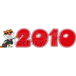 Cartoon Tiger Pointing To 2010 In Red and White