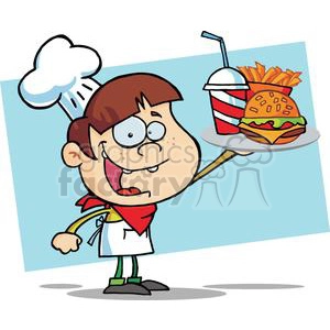 Fast Food Boy Chef Holding Up Hamburger Drink And French Fries