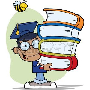 African American Boy In Graduation Cap carrying Four Books with a Yellow and Black Bee