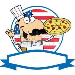 A Banner of A Happy Male Pizza Chef With His Perfect Pie In Front Of Flag Of USA
