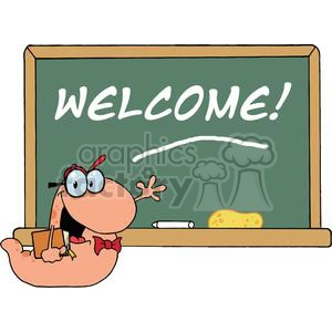 A Smiling And Waving Bookworm Student In Front Of School Chalk Board With Text Welcome!
