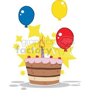 The clipart image shows a cartoon-style birthday cake with one lit candle on top, surrounded by colorful balloons and stars. It has a comical and funny style, created using vector graphics. It is likely used to represent the concept of a birthday party or celebration.
