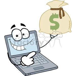 Laptop Cartoon Character Displays Money Bag