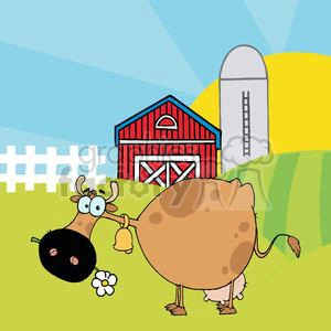 Cartoon Character Cow Different Color Brown In Front Of Country Farm