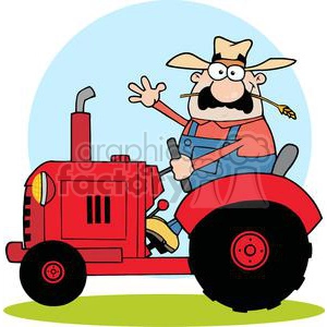 Happy Farmer In Red Tractor Waving A Greeting