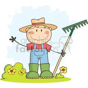 Farmer boy with a rake in grass with flowers