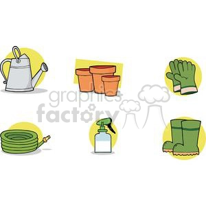 Water can, flower pots, green gloves, green boots, spray bottle, hose