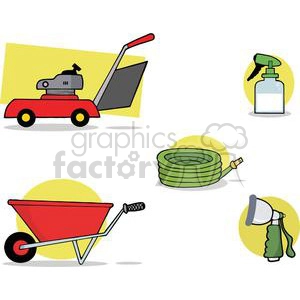 Lawn mower,hose,wheel barrow,spray bottle