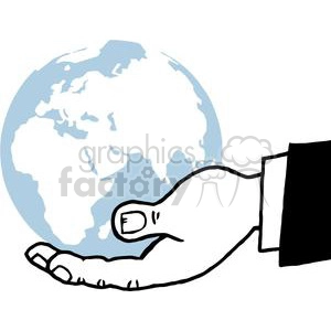 The clipart image depicts a stylized representation of the Earth being held gently in an open human hand. The hand appears to be dressed in a suit, indicated by the cuff and cufflink, which can signify business or responsible stewardship.