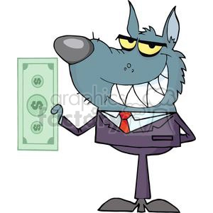 The clipart image features a cartoon character that resembles a wolf in businessman attire holding a dollar bill. The wolf has a sly, self-satisfied expression, suggesting a metaphor for deceitful or sneaky business practices.