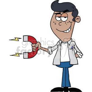 This is a clipart image of a cartoon-styled businessperson with black hair, holding a large, red horseshoe magnet in their right hand. The magnet has two visible yellow lightning bolts indicating its magnetic power. The character is smiling and winking, possibly implying they have a clever or charismatic approach to situations. They are dressed in a casual white shirt with rolled-up sleeves, blue pants, and black shoes.