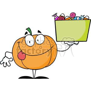 3206-Happy-Pumpkin-Character-Holding-Up-A-Tub-Of-Candy
