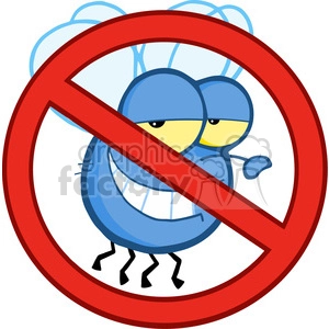 The image depicts a humorous, anthropomorphized fly with a grumpy expression, wearing glasses and a single tooth visible. It has two wings and six legs. The fly is enclosed within a red prohibition sign, commonly known as a no symbol, indicating that flies are not allowed or that it is a fly-free zone.