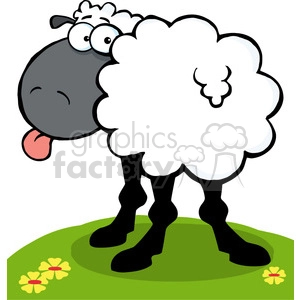 The clipart image features a cartoon sheep standing on a green hill with three yellow flowers. The sheep has a large, fluffy white wool body, black legs, and a grey face with big white eyes and a humorous expression. Its tongue is sticking out, contributing to the funny and playful character of the image.