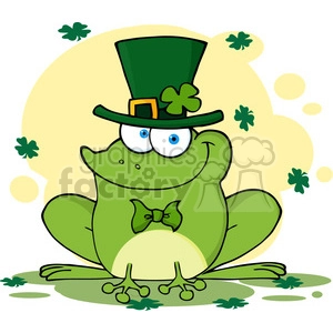 The image is a clipart depicting a green frog dressed up to celebrate St. Patrick's Day. The frog is donning a tall green hat with a buckle and shamrock decoration and a green bow tie. There are also small clover leaves scattered around and a yellow backdrop, which adds to the festive feel of the overall image.