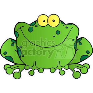 The clipart image shows a cartoon character of a happy frog, depicted with a smiling face, big eyes, and an upright posture. The frog is standing on two feet and has webbed fingers and toes. The cartoonish style and bright colors suggest that it is a playful and friendly character.
