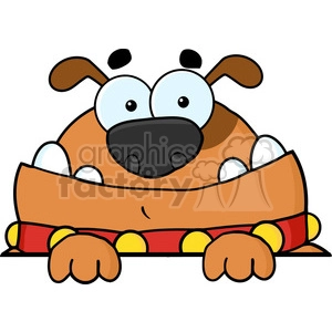 The clipart image features a comical cartoon dog with exaggerated, large eyes, a big black nose, floppy ears, and paws resting in front of it. The dog appears to be laying down with a relaxed and cheerful expression, sporting a colorful red collar decorated with yellow spots.
