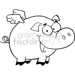 The image is a black and white line drawing of a cartoon pig. The pig has round eyes and a large snout, with two small ears poking up from the top of its head. It has a curly tail and is depicted with wings, which look like they are coming from its back, giving the impression that the pig could fly.