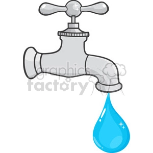 The clipart image is a cartoon vector illustration of a water faucet with a water drop. The water drop is shown dripping from the faucet, indicating a leak or continuous dripping of water.
