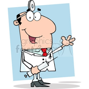 12850 RF Clipart Illustration Doctor Holding Syringe And Waving For Greetings