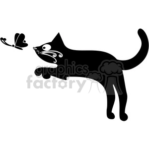 The image is a clipart featuring a stylized black cat with decorative white markings extending from its mouth, appearing to reach out with one paw towards a butterfly that it seems to be chasing. The cat is depicted in profile, with exaggerated features such as a large tail and a playful demeanor, suggesting a whimsical or lighthearted theme.