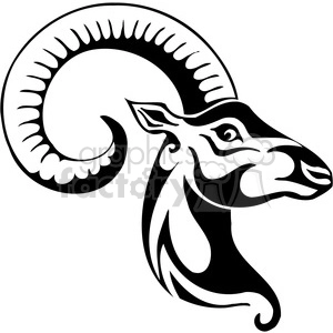 The image is a black and white vector clipart of a stylized animal that appears to be a wild goat or ram. It features a prominent, spiraled horn and an ornamental, tattoo-like design.
