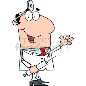 128129 RF Clipart Illustration Doctor Holding Syringe And Waving For Greetings