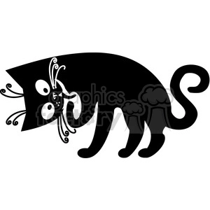 The image is a black and white clipart of a stylized black cat. The cat appears to be in motion or possibly startled, with an arched back and embellished tail. The design includes decorative swirls and details in white that suggest whiskers, eyes, and other facial features.