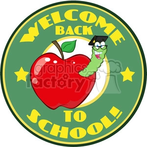 4951-Clipart-Illustration-of-Happy-Student-Worm-In-Red-Apple-And-Sticker-With-Text-Back-to-School