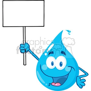 12862 RF Clipart Illustration Happy Water Drop Character Holding Up A Blank Sign
