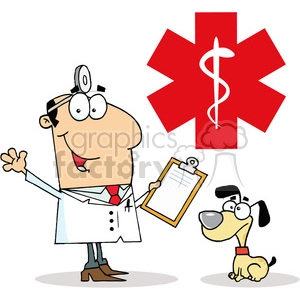 12853 RF Clipart Illustration Doctor Holding Syringe And Waving For Greetings In Front Of Red Cross