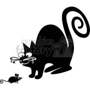This clipart image features a stylized black cat and a small black mouse. The cat is depicted in a sitting position with its tail curled artistically, its eyes wide, and whiskers prominently displayed. The mouse appears to be facing the cat and has oversized ears for its small body.