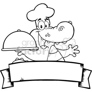 Happy Crocodile Chef Holding A Platter Over A Blank Banner