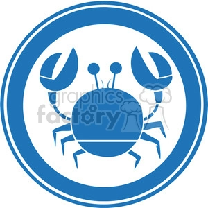 The image is a clipart of a stylized crab. The crab is encircled within a round border. It is a simple two-tone image, primarily in blue against a white background. The crab has prominent claws, a round body, and is in a symmetric stance.