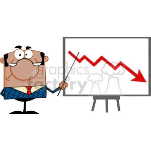 Clipart of Angry African American Business Manager With Pointer Presenting A Falling Arrow