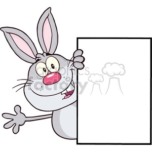 Royalty Free RF Clipart Illustration Cute Gray Rabbit Cartoon Character Looking Around A Blank Sign And Waving
