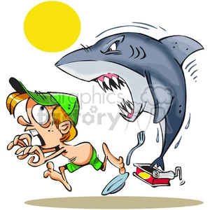 cartoon shark chasing a little boy on land