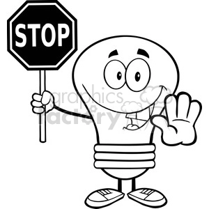 6063 Royalty Free Clip Art Light Bulb Cartoon Character Holding A Stop Sign