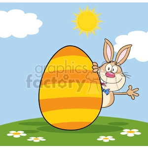 Cute Rabbit Cartoon Character Waving Behinde Easter Egg