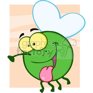 This clipart image features a stylized, cartoon-like representation of a funny insect. The insect is green with large, round, yellow eyes and a big, pink tongue sticking out. It has one large, white wing visible, which suggests that it could be a whimsical interpretation of a fly. The background is a simple, light peach color with subtle horizontal lines.