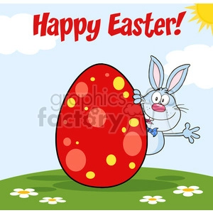 Royalty Free RF Clipart Illustration Happy Easter From Blue Rabbit Cartoon Character Waving Behinde Egg