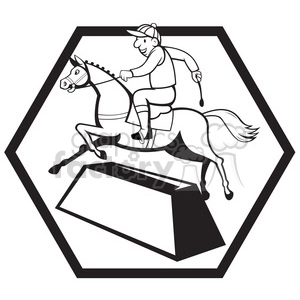 black and white jockey ridinghorse side