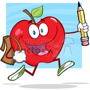 5802 Royalty Free Clip Art Happy Red Apple Character With School Bag And Pencil Goes To School