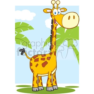 The clipart image depicts a cartoon giraffe standing in a simplified jungle setting. The giraffe appears exaggerated with a very large, goofy smile and prominent eyes, which adds a humorous touch to the design. The giraffe is yellow with brown spots, has a tufted tail, and stands in front of two large green, leafy plants that represent the jungle environment. The sky is blue with a couple of white clouds, suggesting a sunny day.