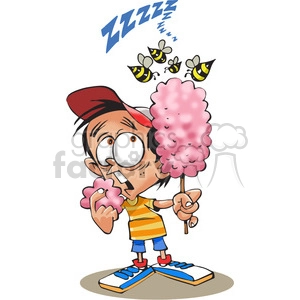 child eating cotton candy with bees flying around