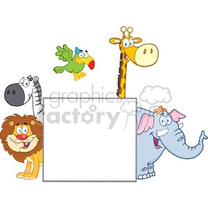 This clipart image features a collection of cute, cartoon-style animals often found in Africa or a jungle setting. The animals are humorously drawn and include a lion, zebra, giraffe, elephant, and parrot. They are situated around a blank white square, which could be used to add text or other information.